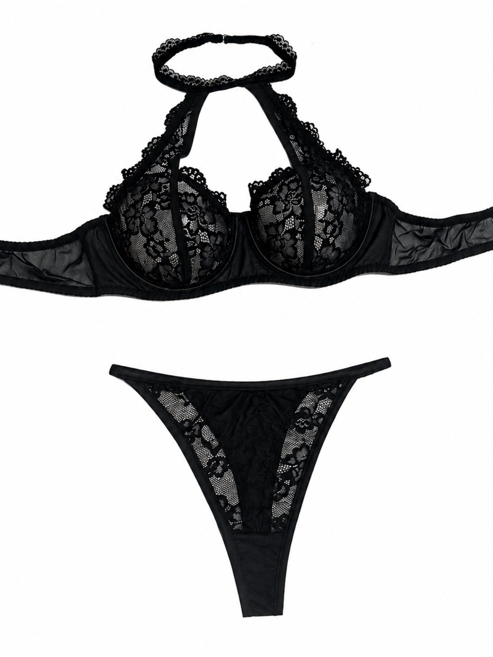 Black Lace Halter Bra & Thong Set NWT